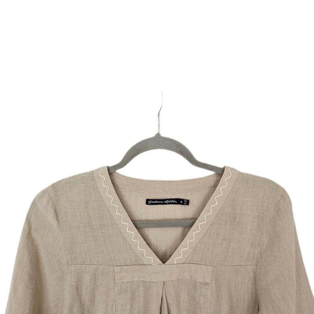 Gudrun Sjoden 100% Linen Dress Embroidered Neutral Tan Cream S - Picture 2 of 10